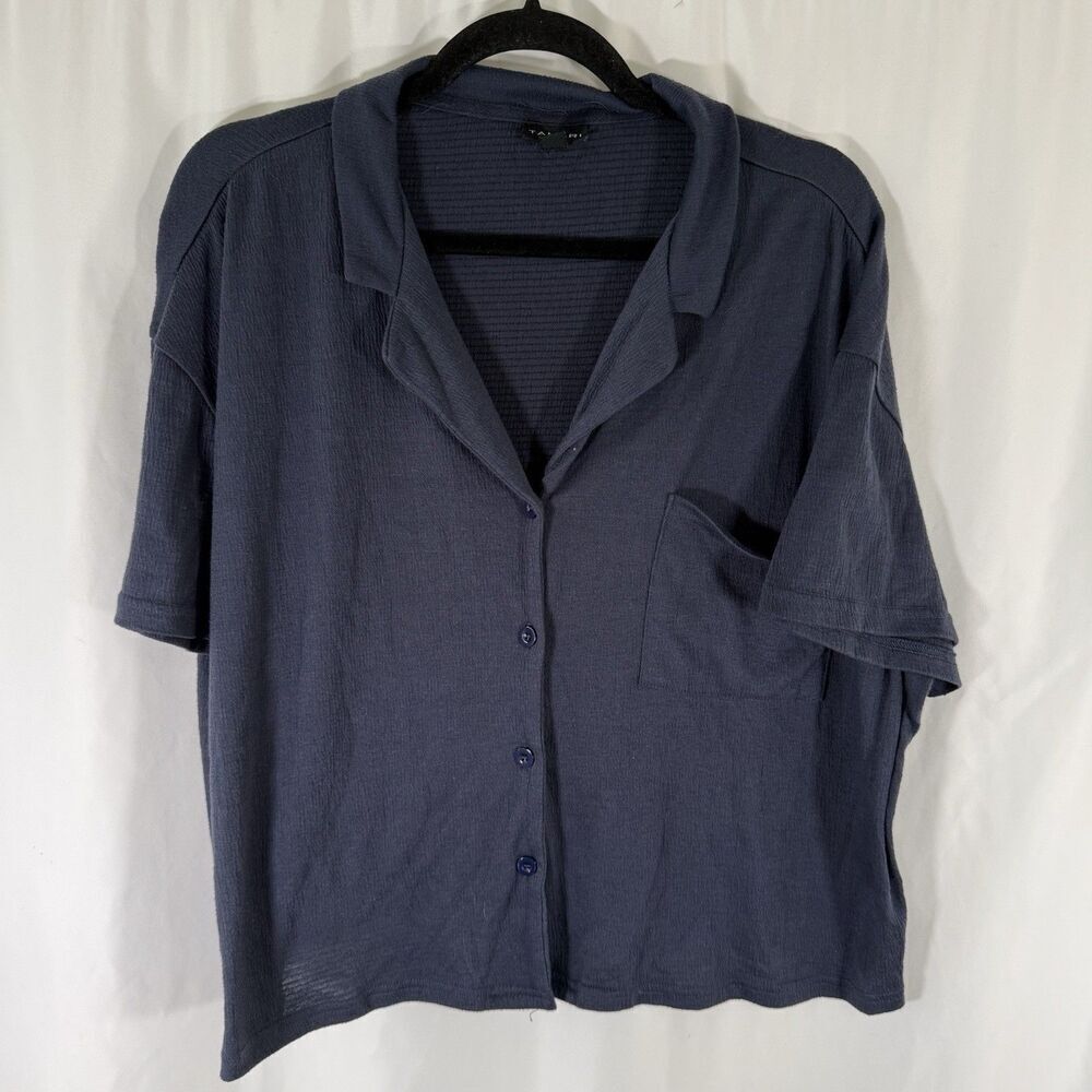 Tahari Pajama Top Women's Large Blue Short Sleeve Button Up Collared